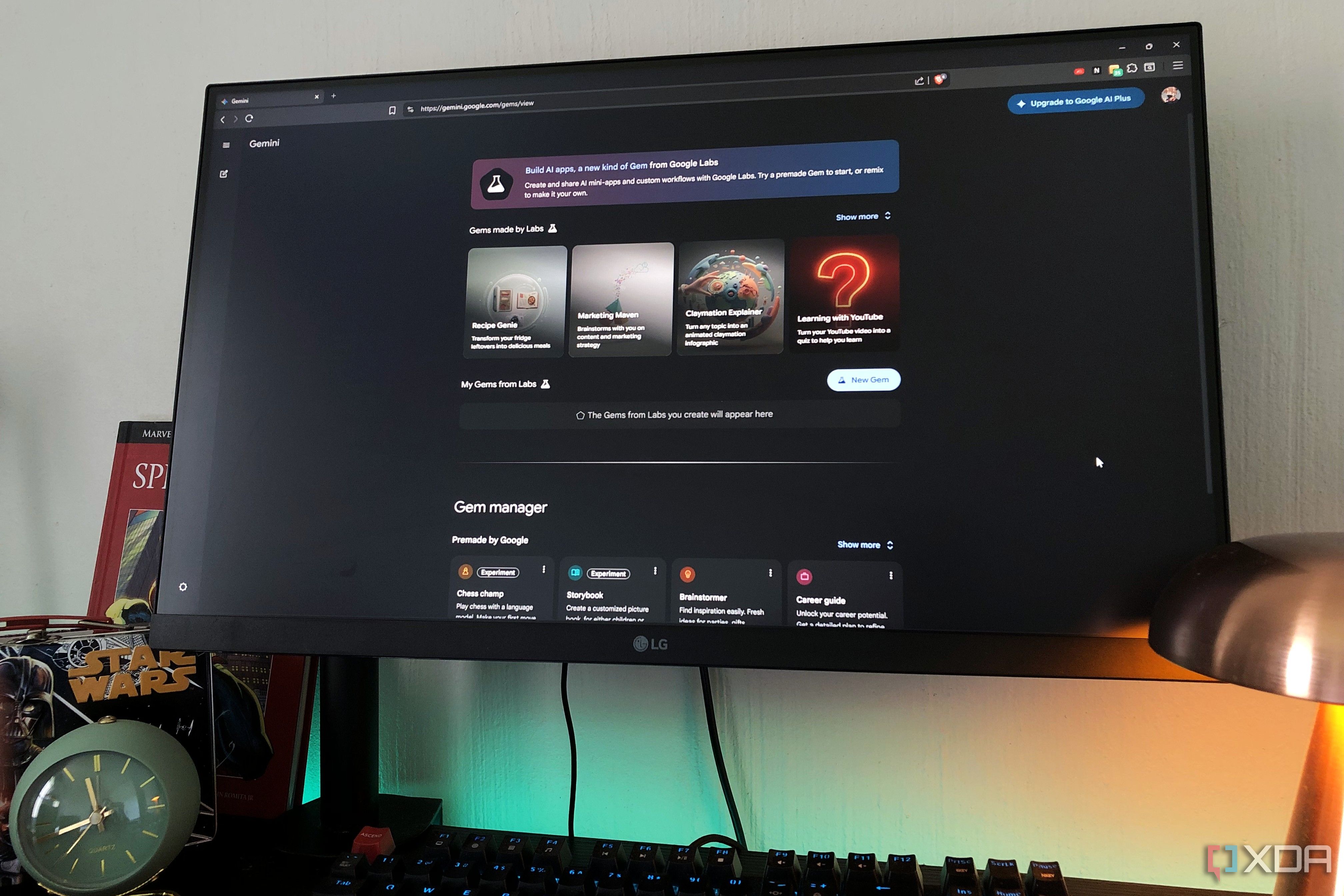 Gemini on desktop pc, clock and lamp in view