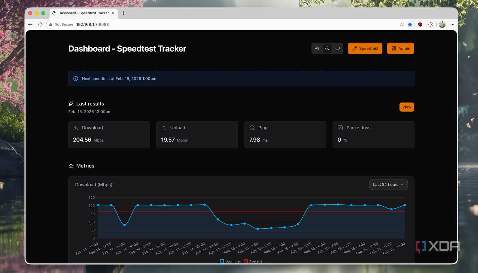Broadband speed test dashboard with throughput graphs