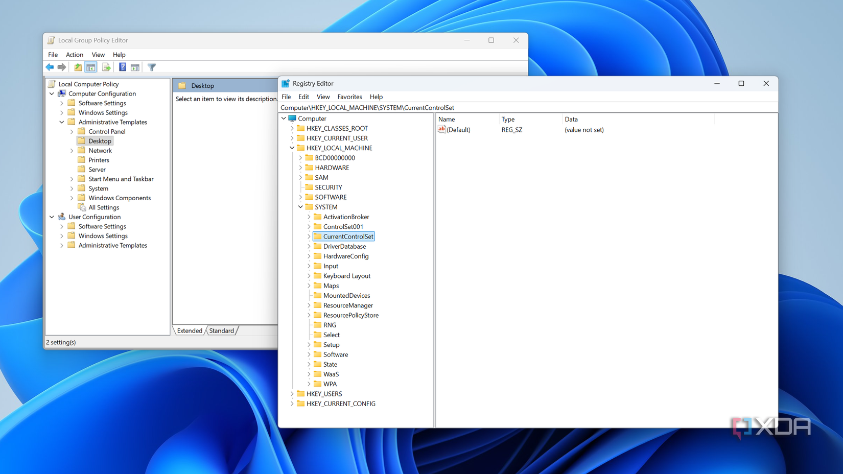 Local group policy editor and registry editor in Windows 11