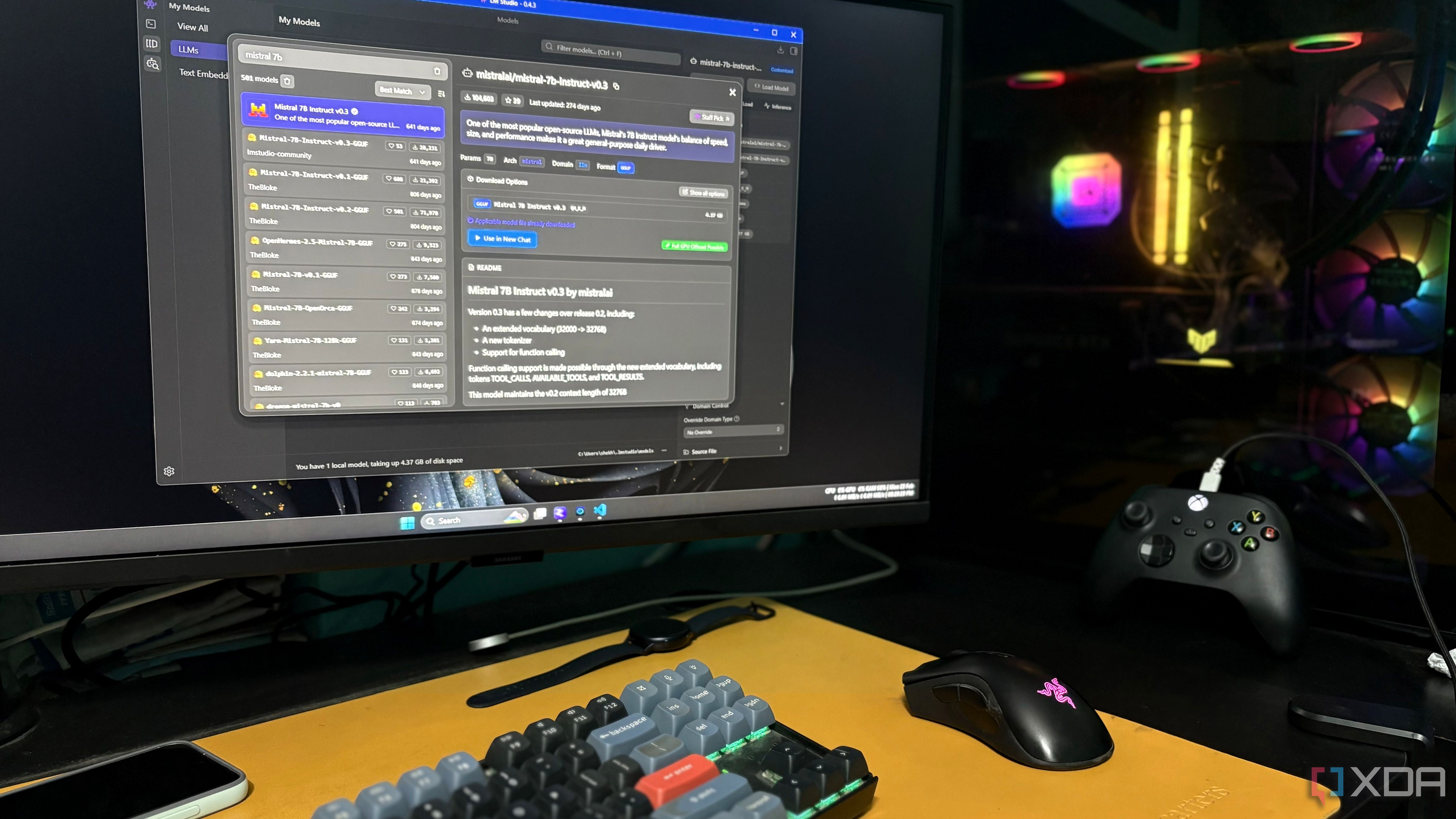 Windows PC screen showing the Mistral 7B model in LM Studio