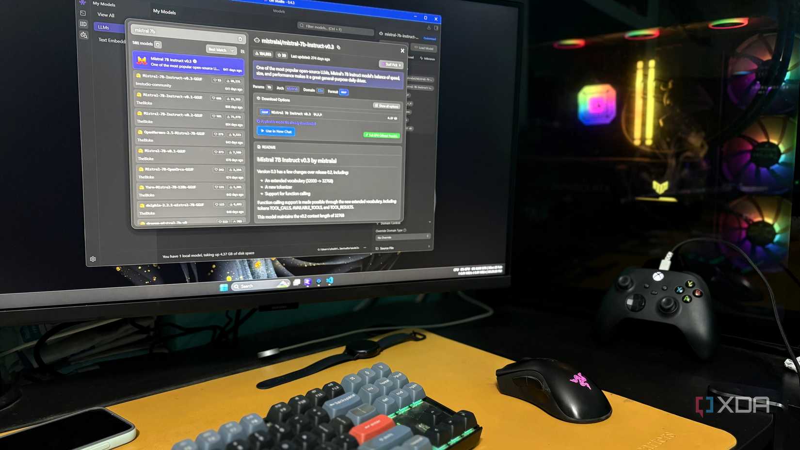 Windows PC screen showing the Mistral 7B model in LM Studio