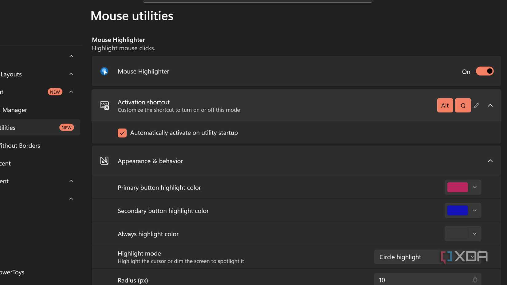 Mouse light PowerToys settings