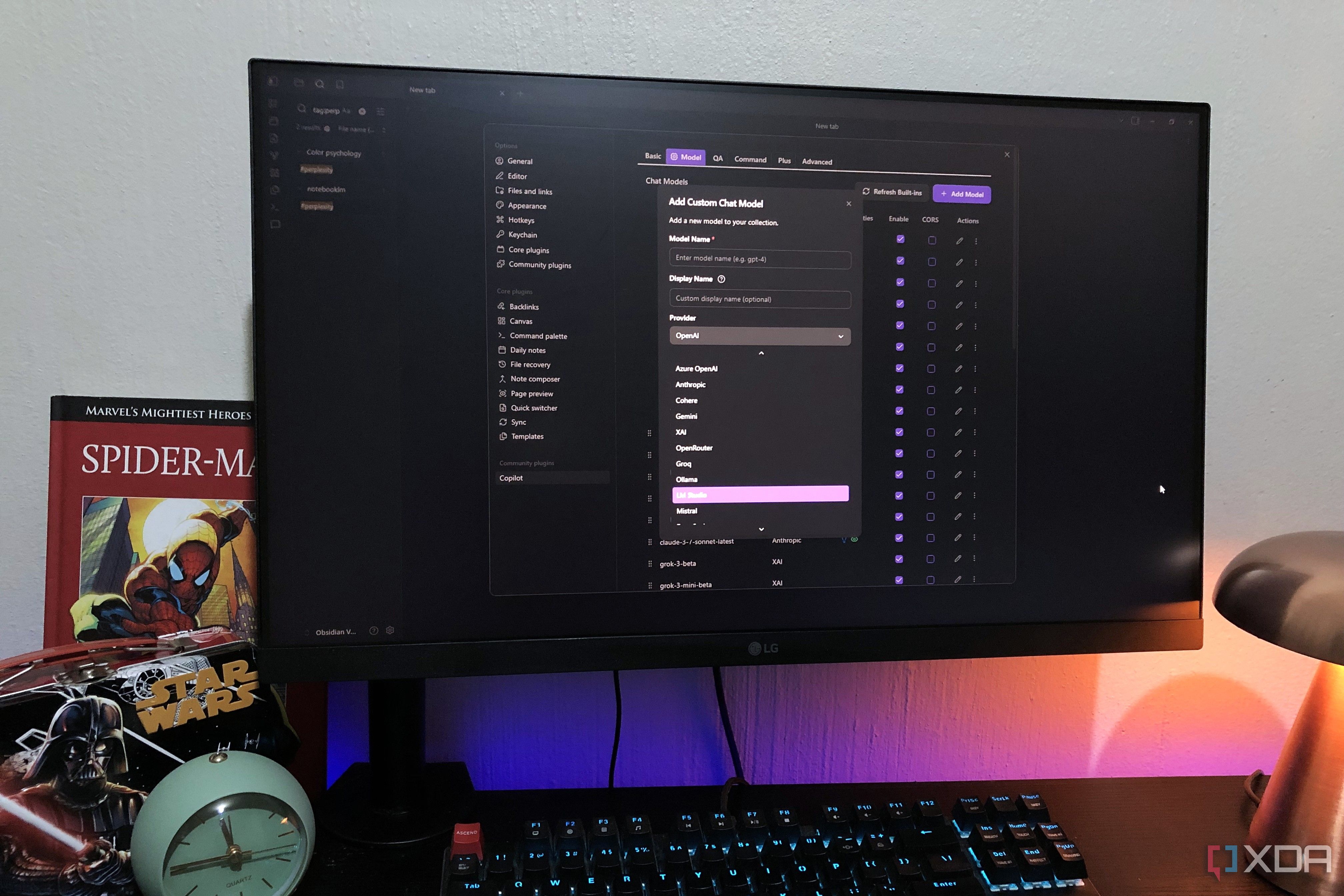 Obsidian Copilot configs on desktop pc, clock and lamp in view