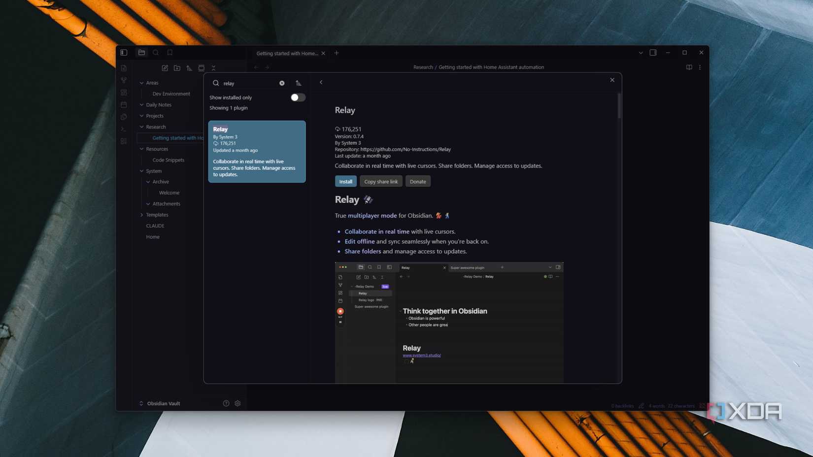 screenshot of obsidian community plugins page for relay