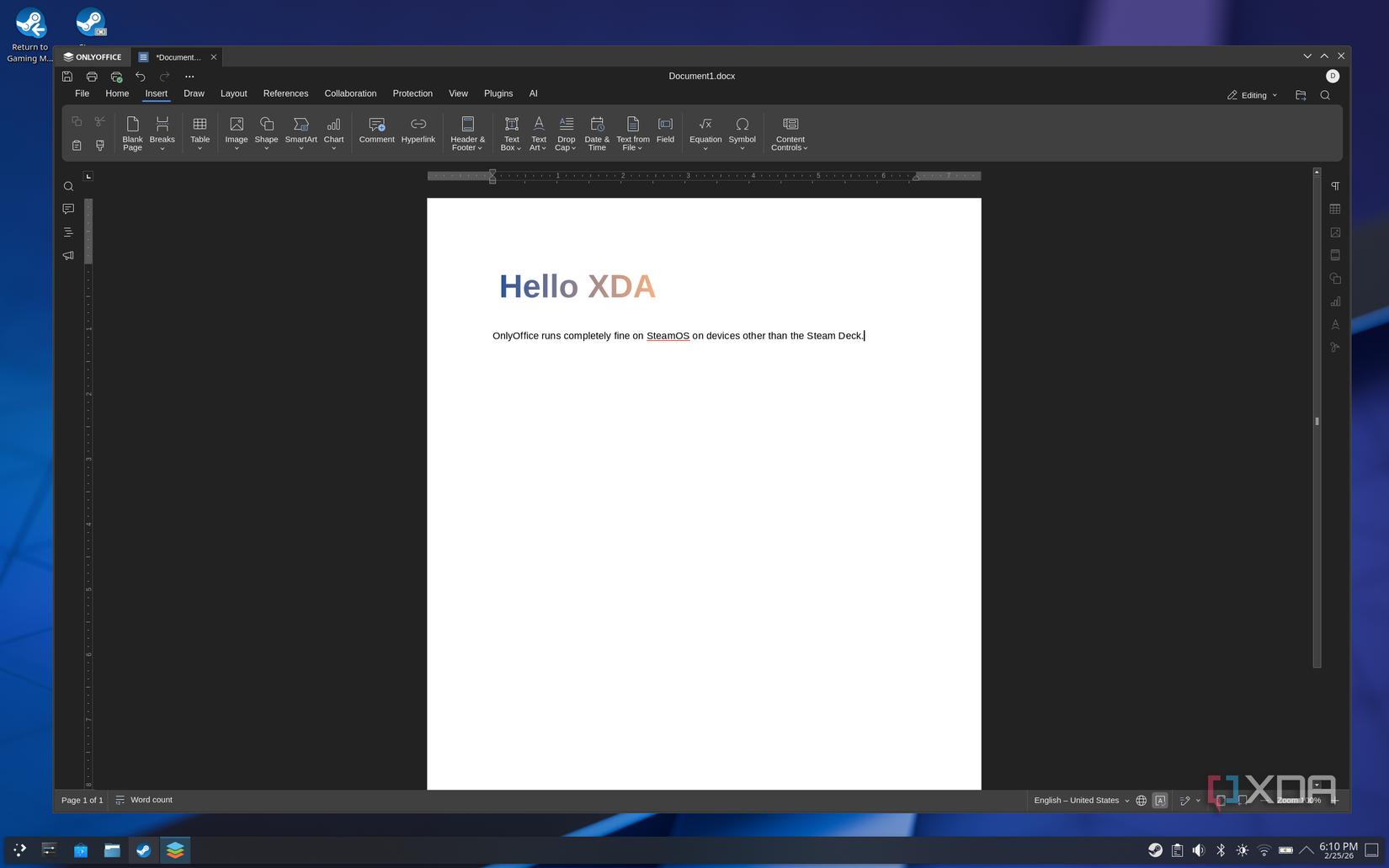 Screenshot of OnlyOffice showing a text document in SteamOS