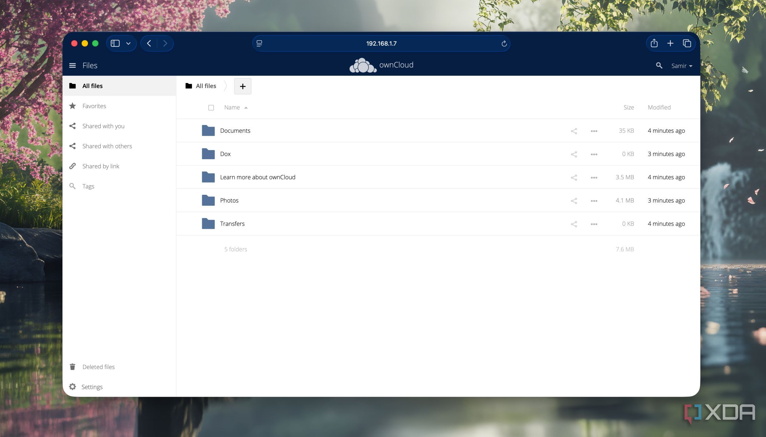 Screenshot of owncloud dashboard