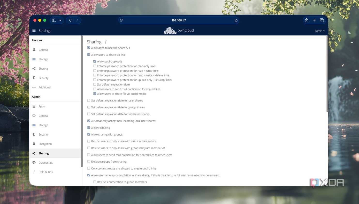 Sharing settings in ownCloud