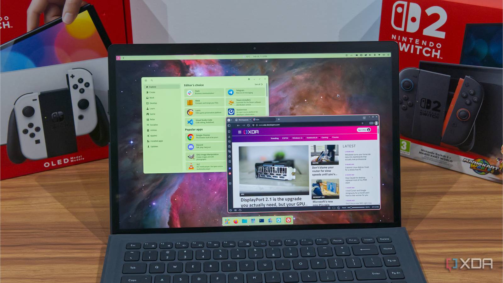 A tablet computer running Pop OS with the COSMIC Store and Vivaldi web browser open