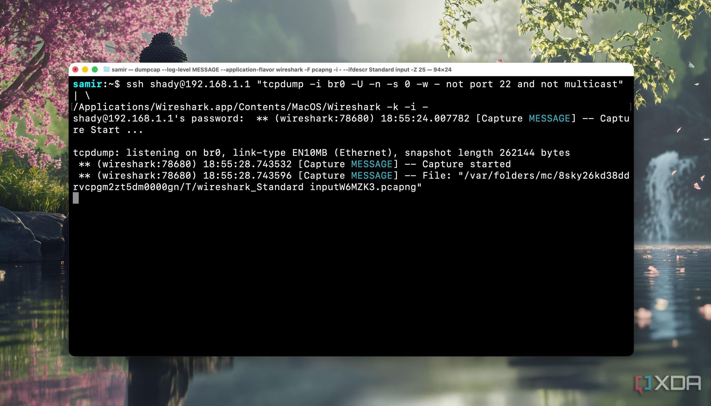 Screenshot of running command in Terminal to capture entire network's traffic