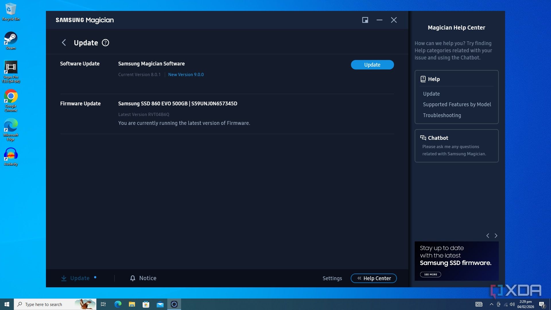 Samsung magician update menu showing software and firmware updates