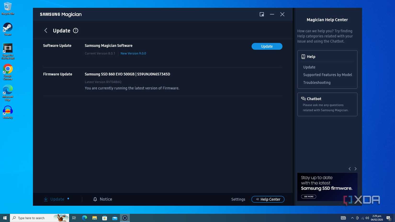 Samsung magician update menu showing software and firmware updates