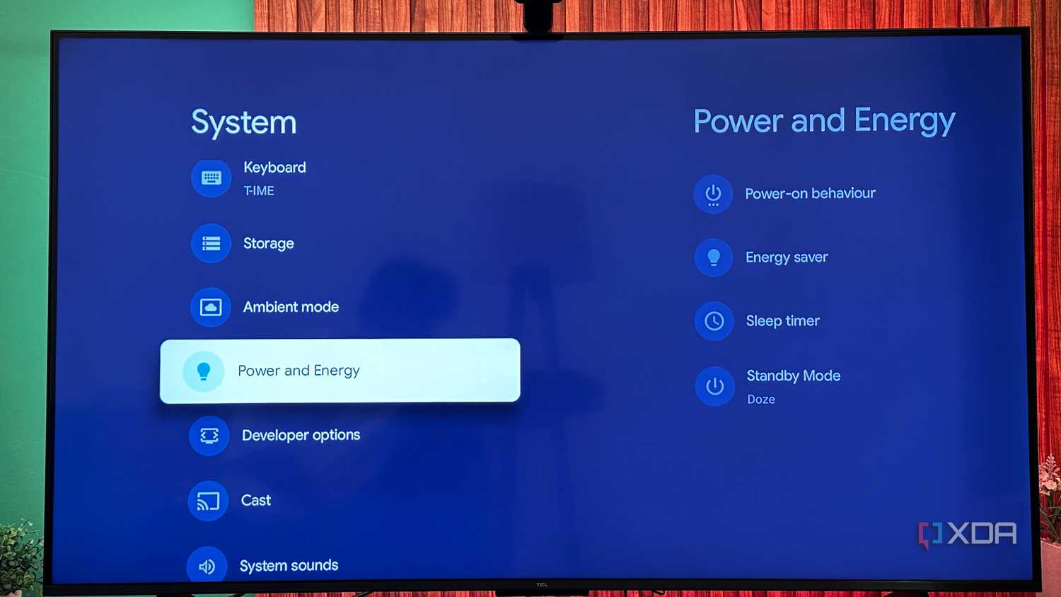 A TCL Smart TV's Power and Energy settings.