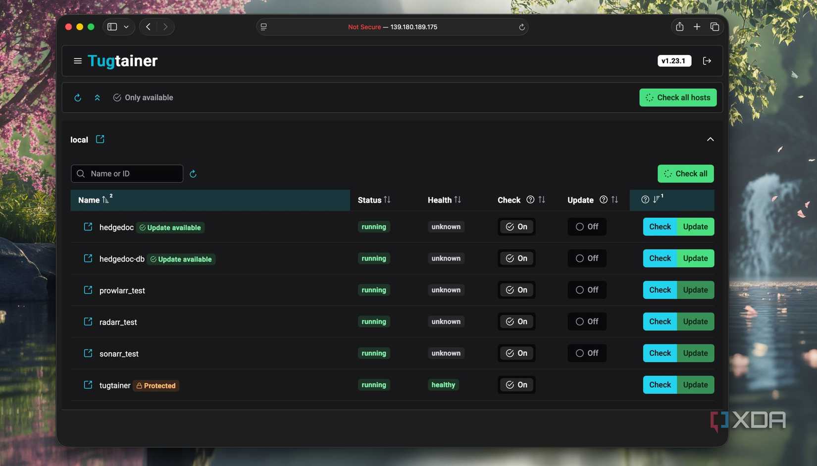 Captura de pantalla del panel de inicio de Tugtainer