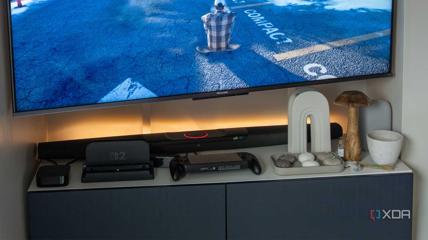 A soundbar hooked up to a TV