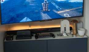 A soundbar hooked up to a TV