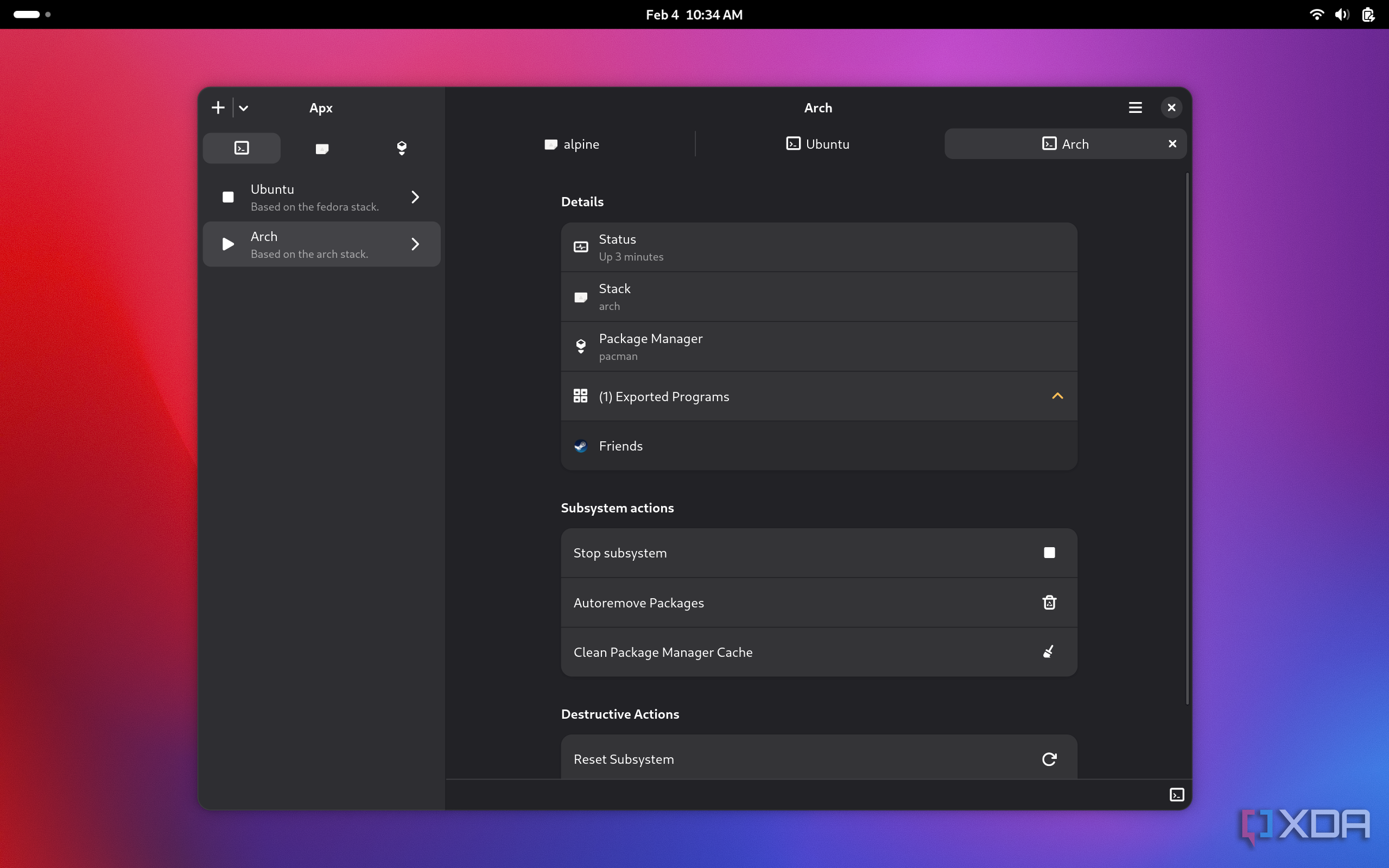 Screenshot of Apx showing information about a subsystem based on the Arch stack showing an exported app