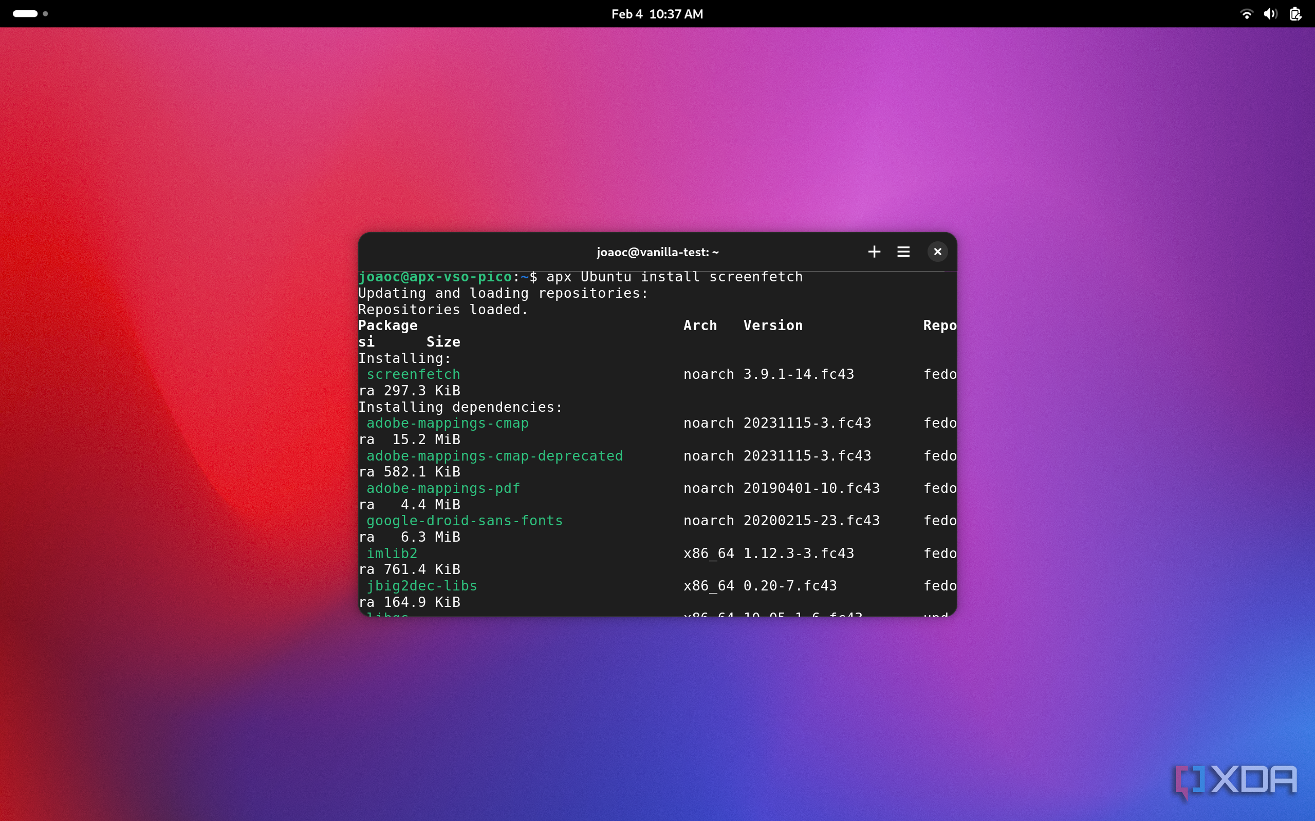 Screenshot of the terminal in Vanilla OS using Apx to install an app in a subsystem and make it available in Vanilla OS directly