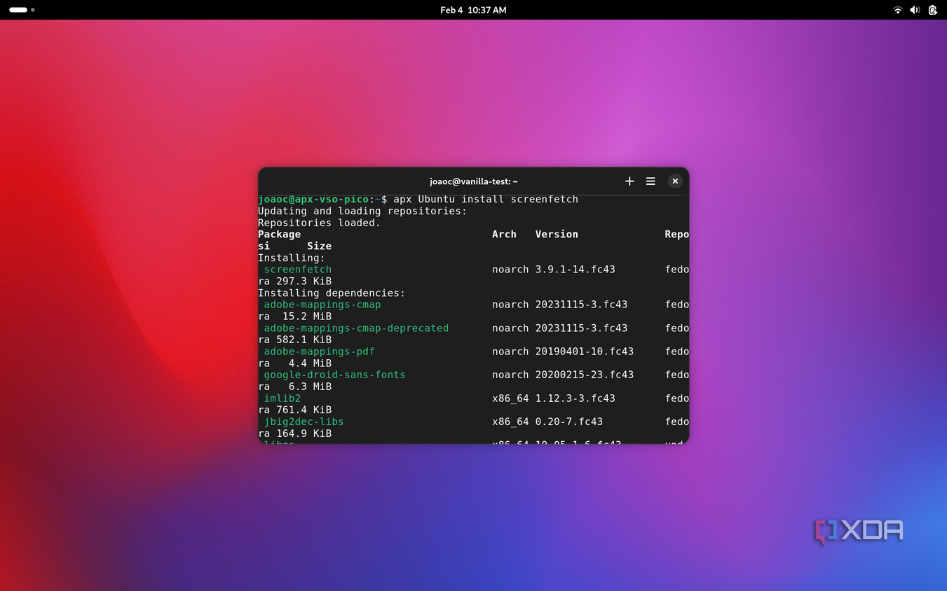 Screenshot of the terminal in Vanilla OS using Apx to install an app in a subsystem and make it available in Vanilla OS directly