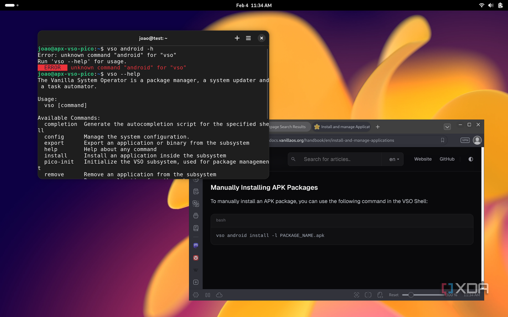 Captura de pantalla de Vanilla OS intentando ejecutar un comando según las instrucciones de la documentación oficial, que se muestra al lado. El comando no se ejecuta