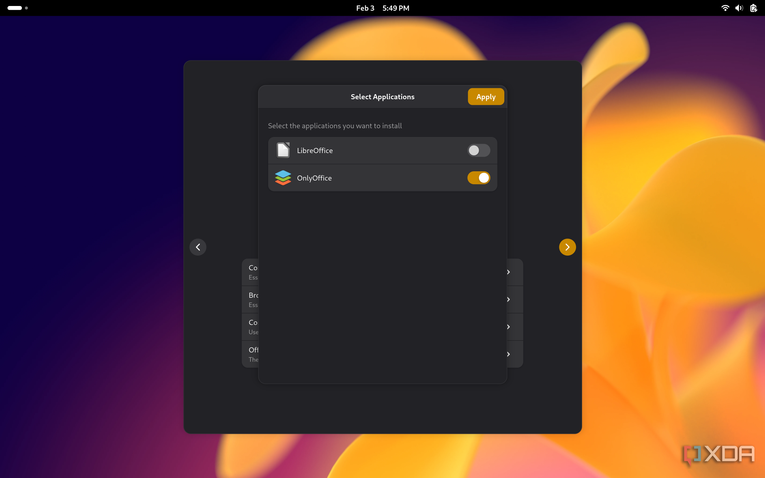 Screenshot of the options for Office apps to install in Vanilla OS, showing the choice between LibreOffice and OpenOffice