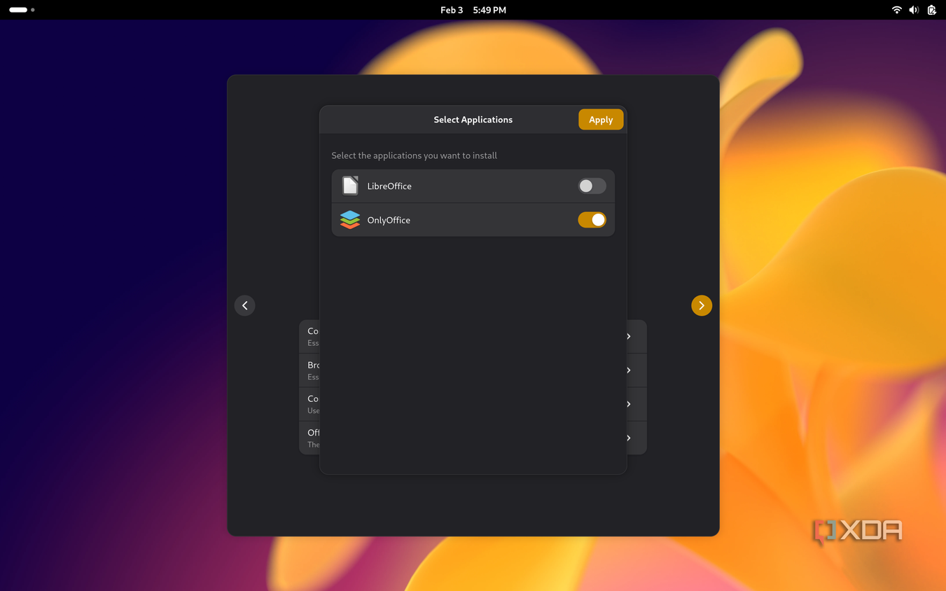 Screenshot of the options for Office apps to install in Vanilla OS, showing the choice between LibreOffice and OpenOffice