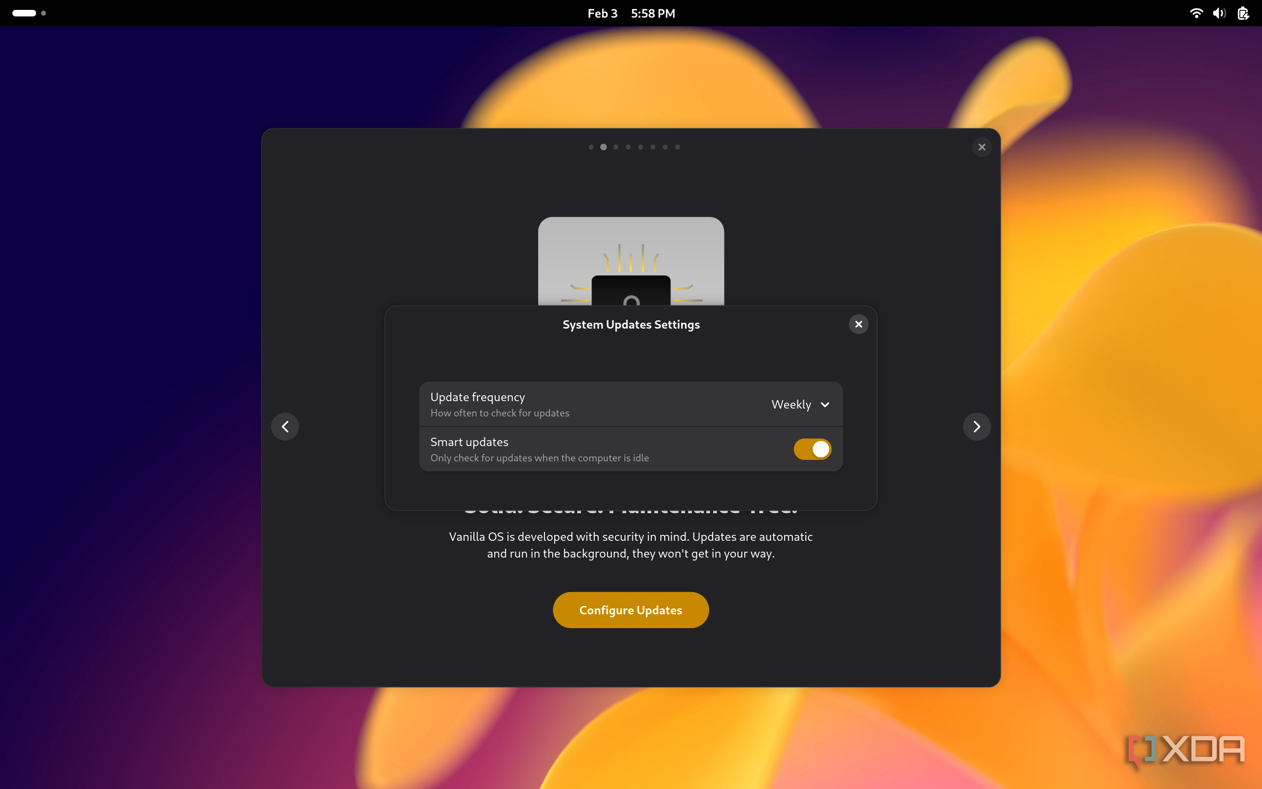 Screenshot of Vanilla OS setup showing update settings