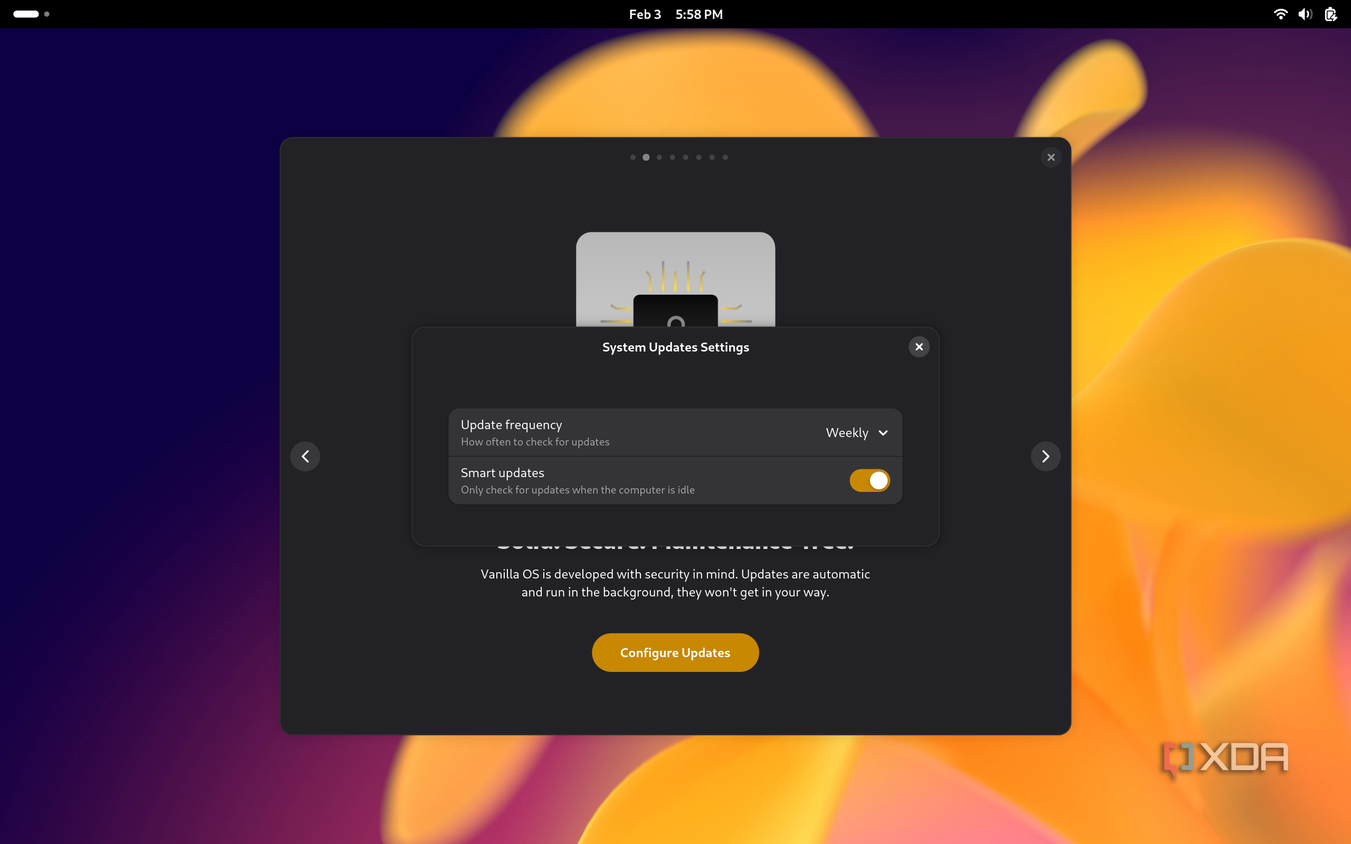 Screenshot of Vanilla OS setup showing update settings