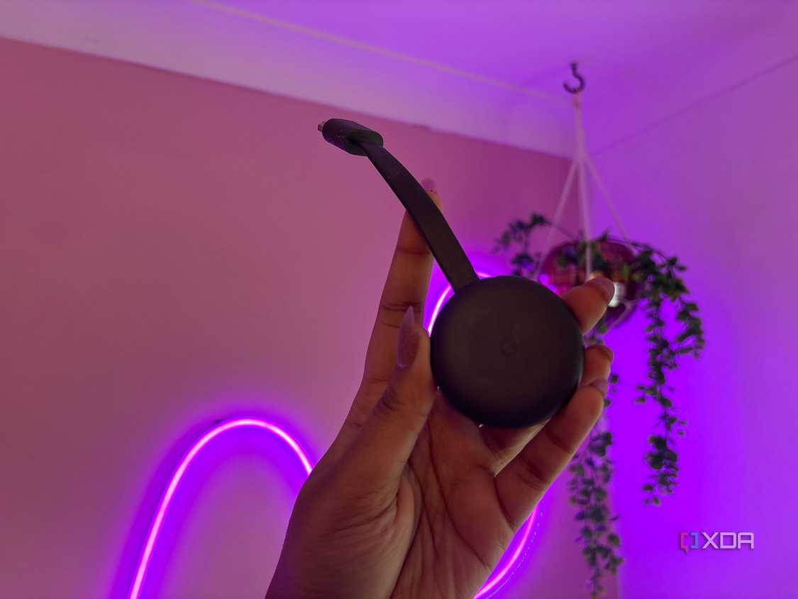 Chromecast in front of pink wall and plants