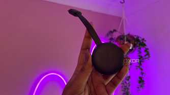 Chromecast in front of pink wall and plants