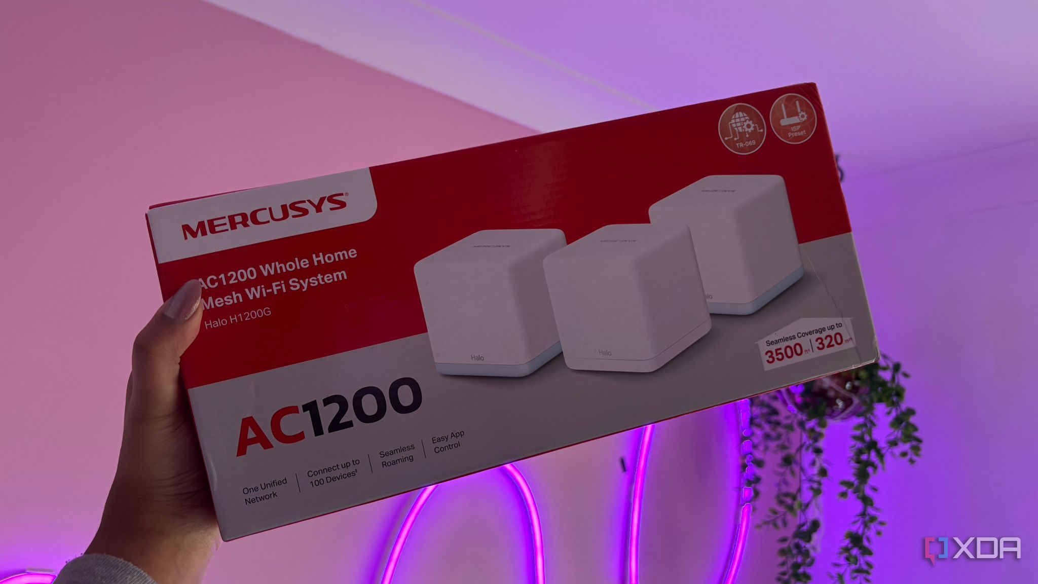 Mercusys mesh wifi system packaging next to pink wall