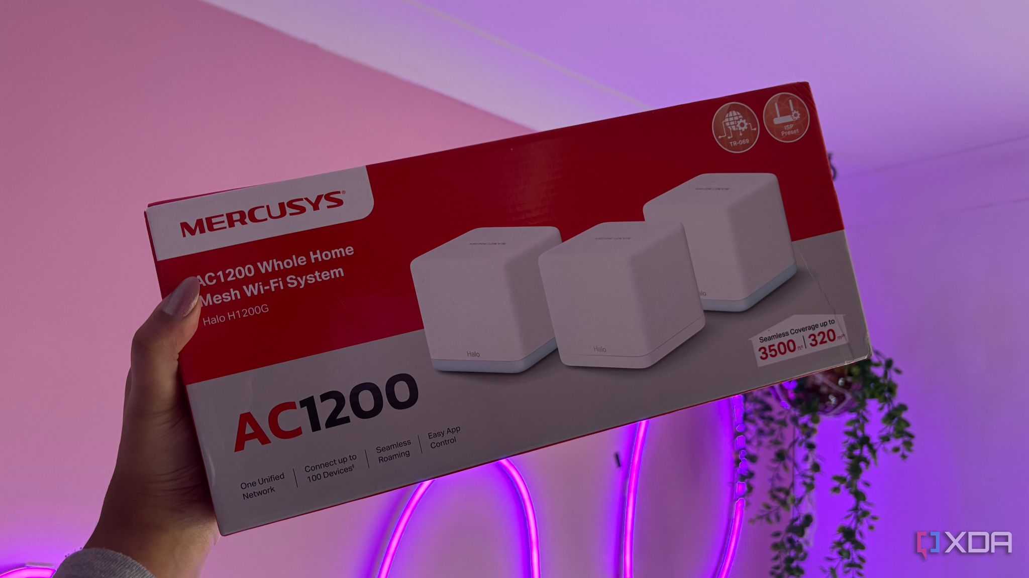 Mercusys mesh wifi system packaging next to pink wall