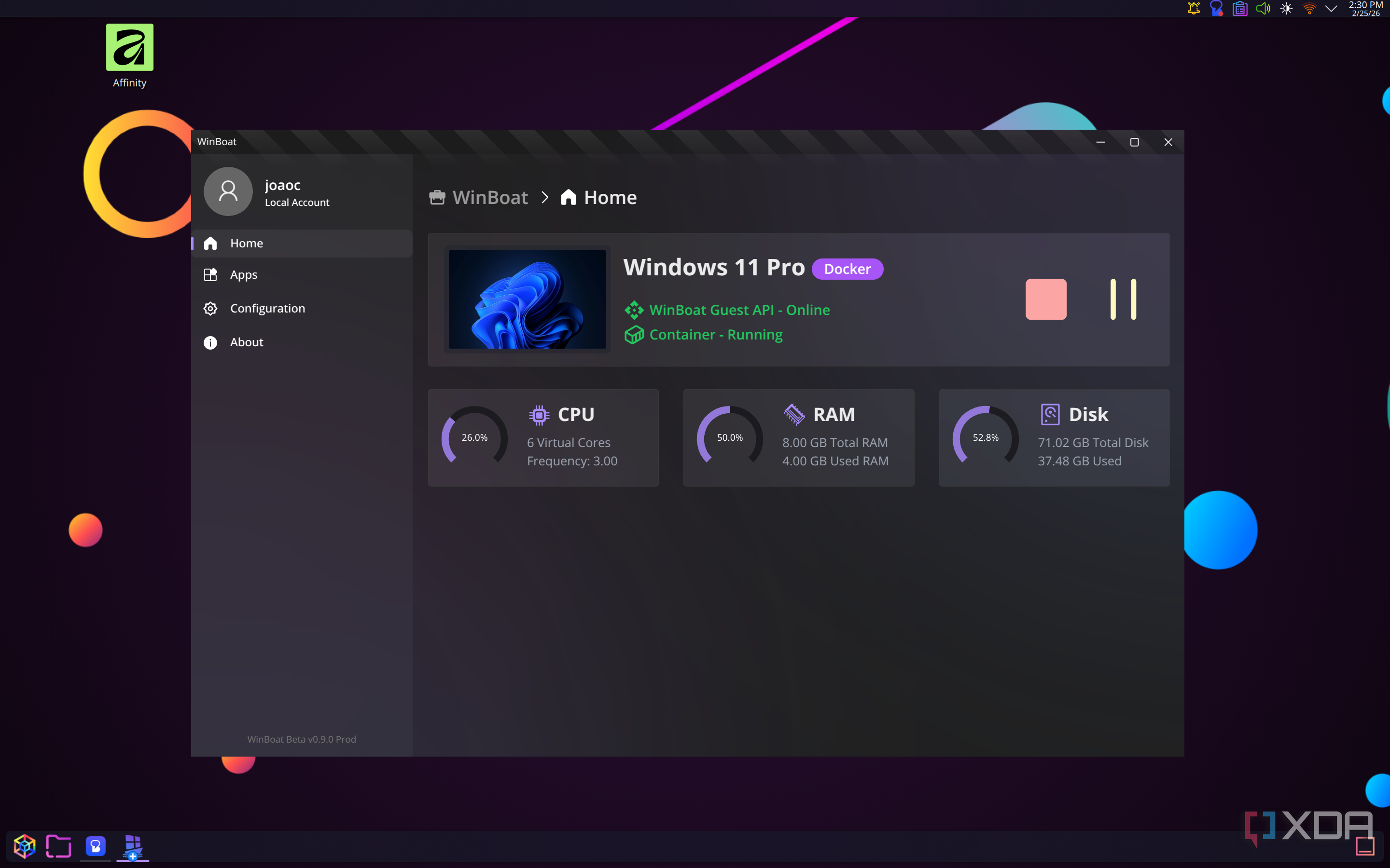 Screenshot of WinBoat on Linux showing information about a Docker VM running Windows 11 Pro