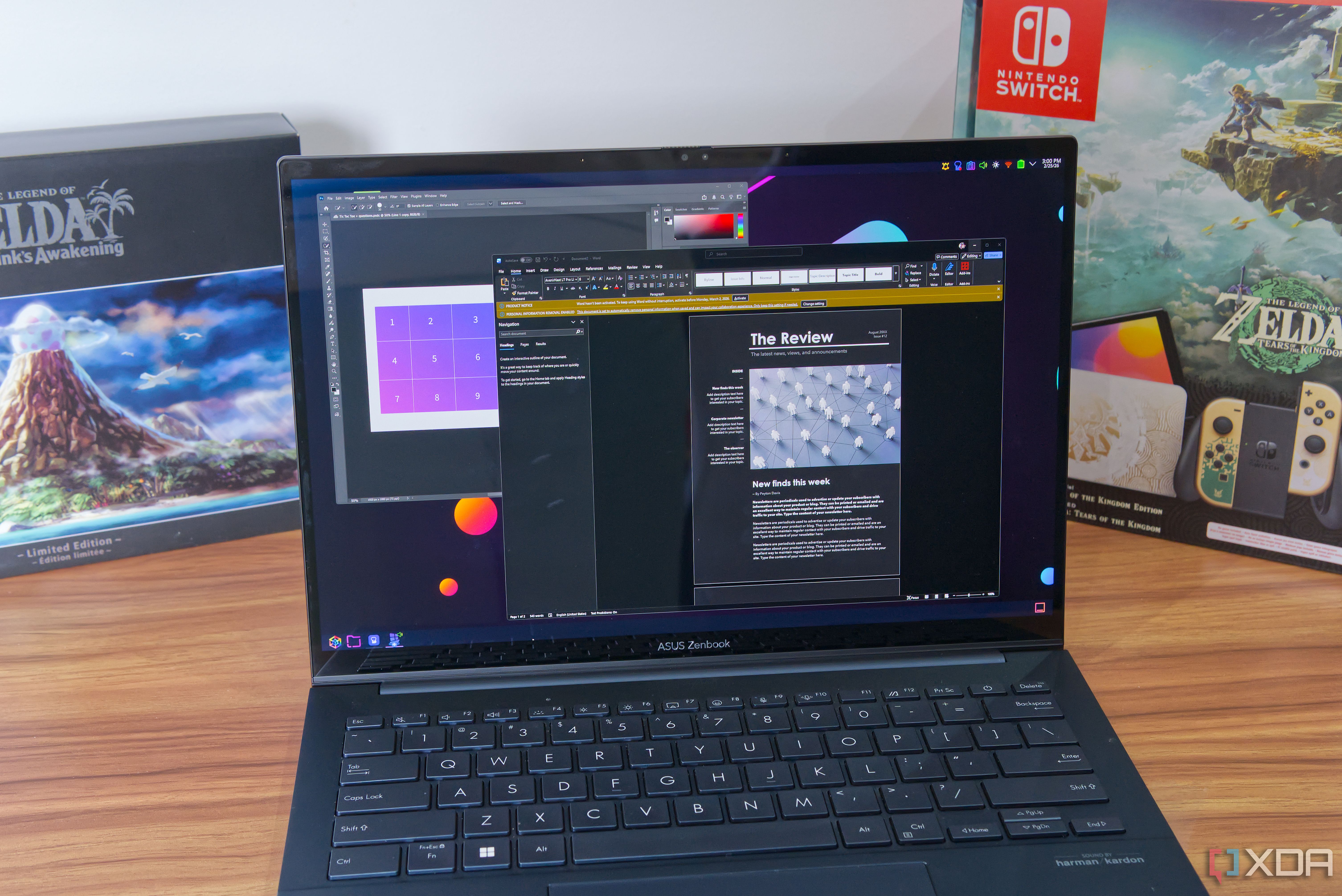 A Linux laptop running Windows apps, specifically Adobe Photoshop and Microsoft Word