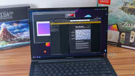 A Linux laptop that runs Windows applications, specifically Adobe Photoshop and Microsoft Word.