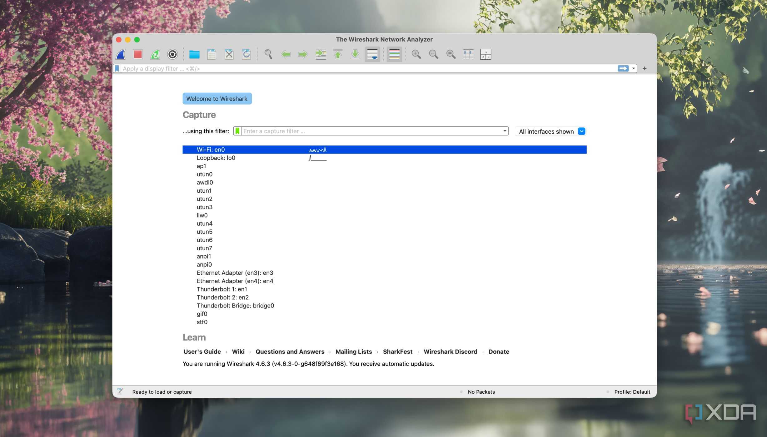 Home screen of Wireshark tool