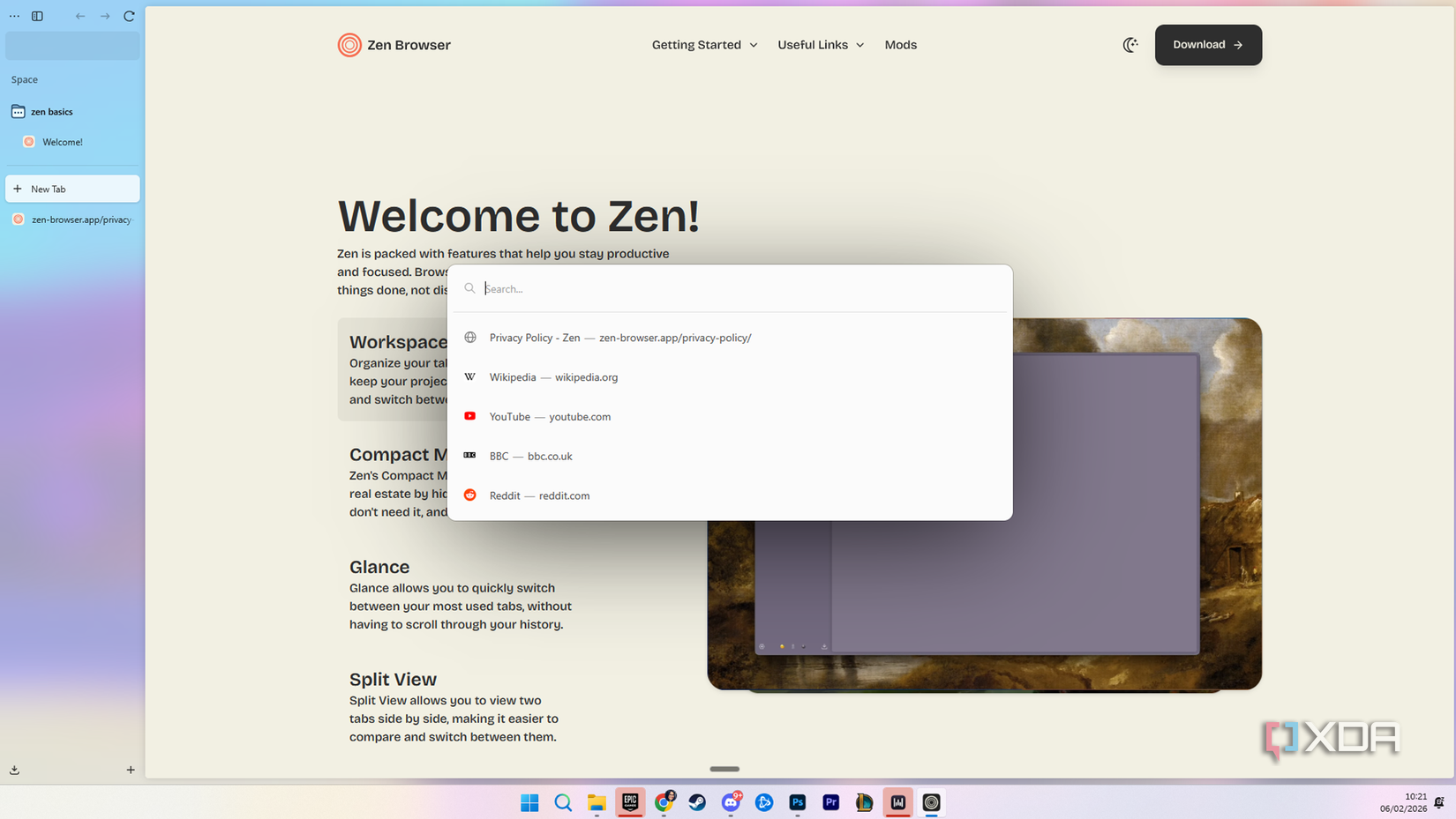 Zen browser new tab page. 