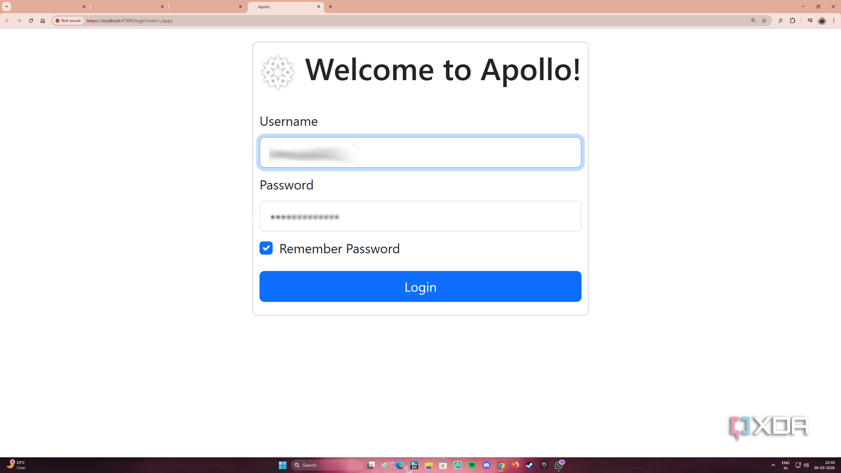 Apollo game streaming WebUI login.