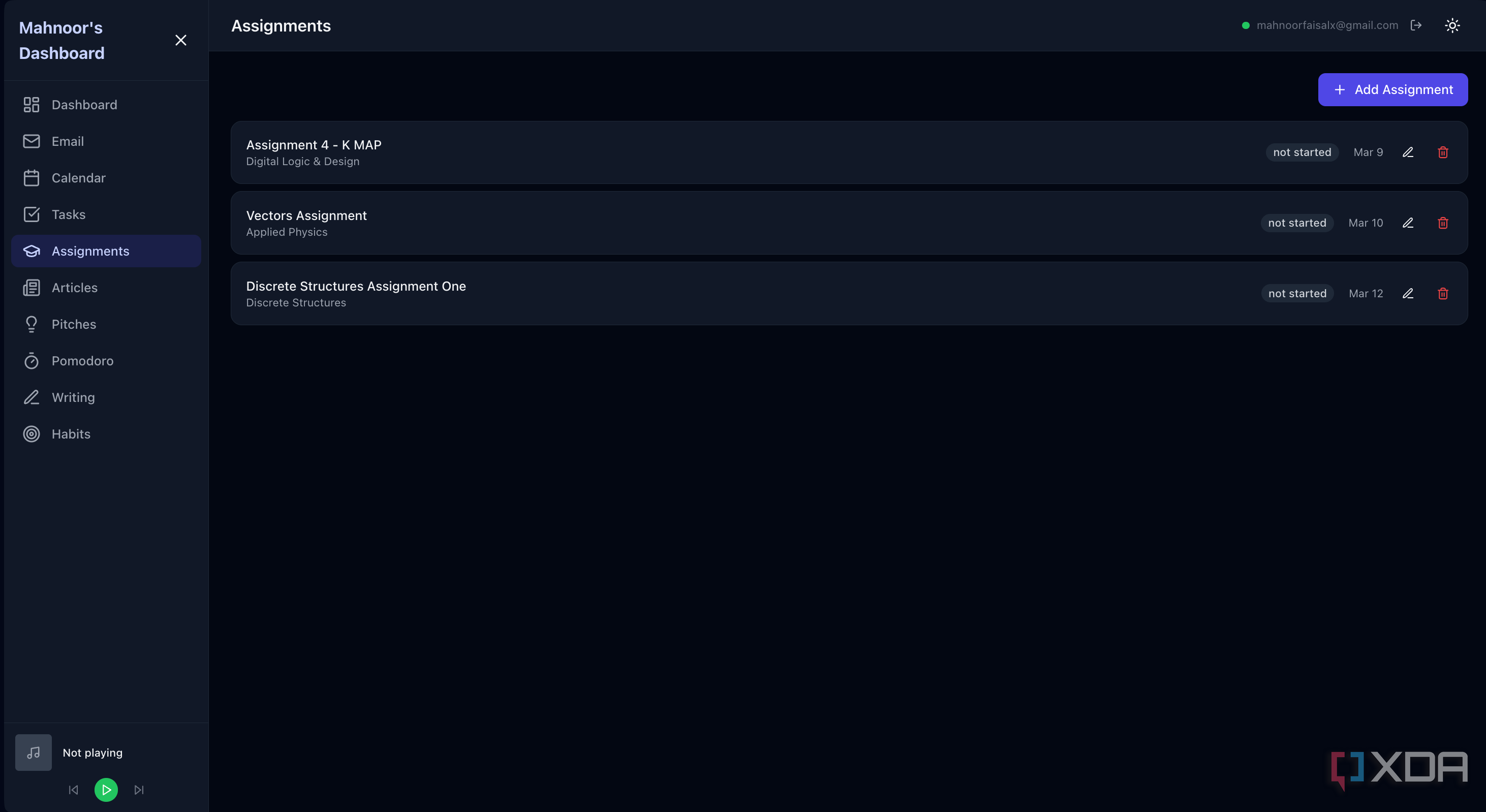 assignments section in dashboard