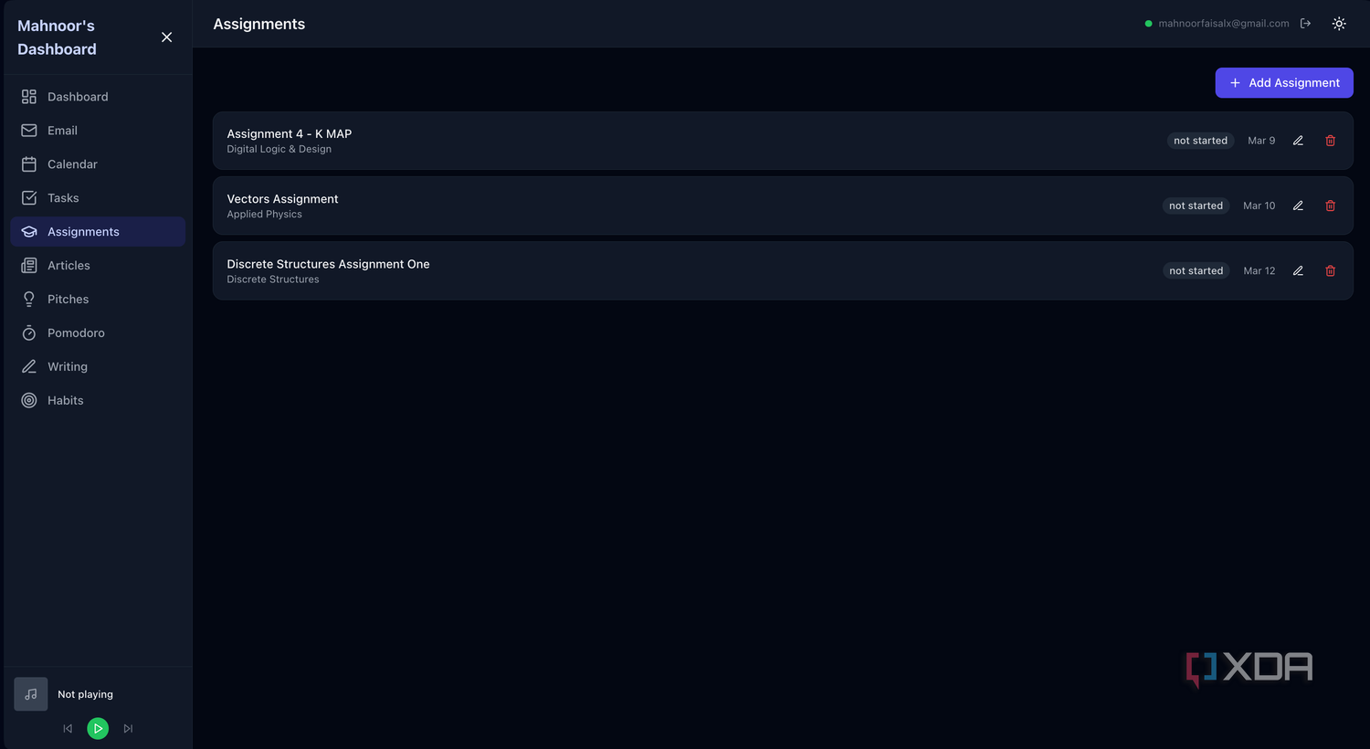 assignments section in dashboard