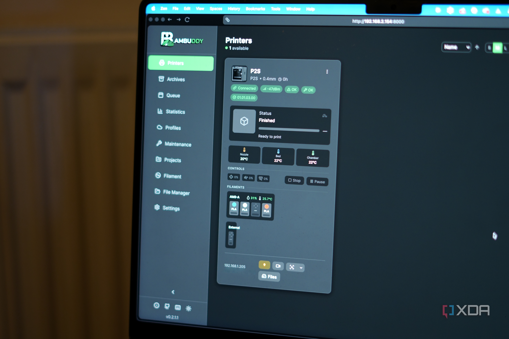 Bambuddy in Zen Browser on a MacBook Pro