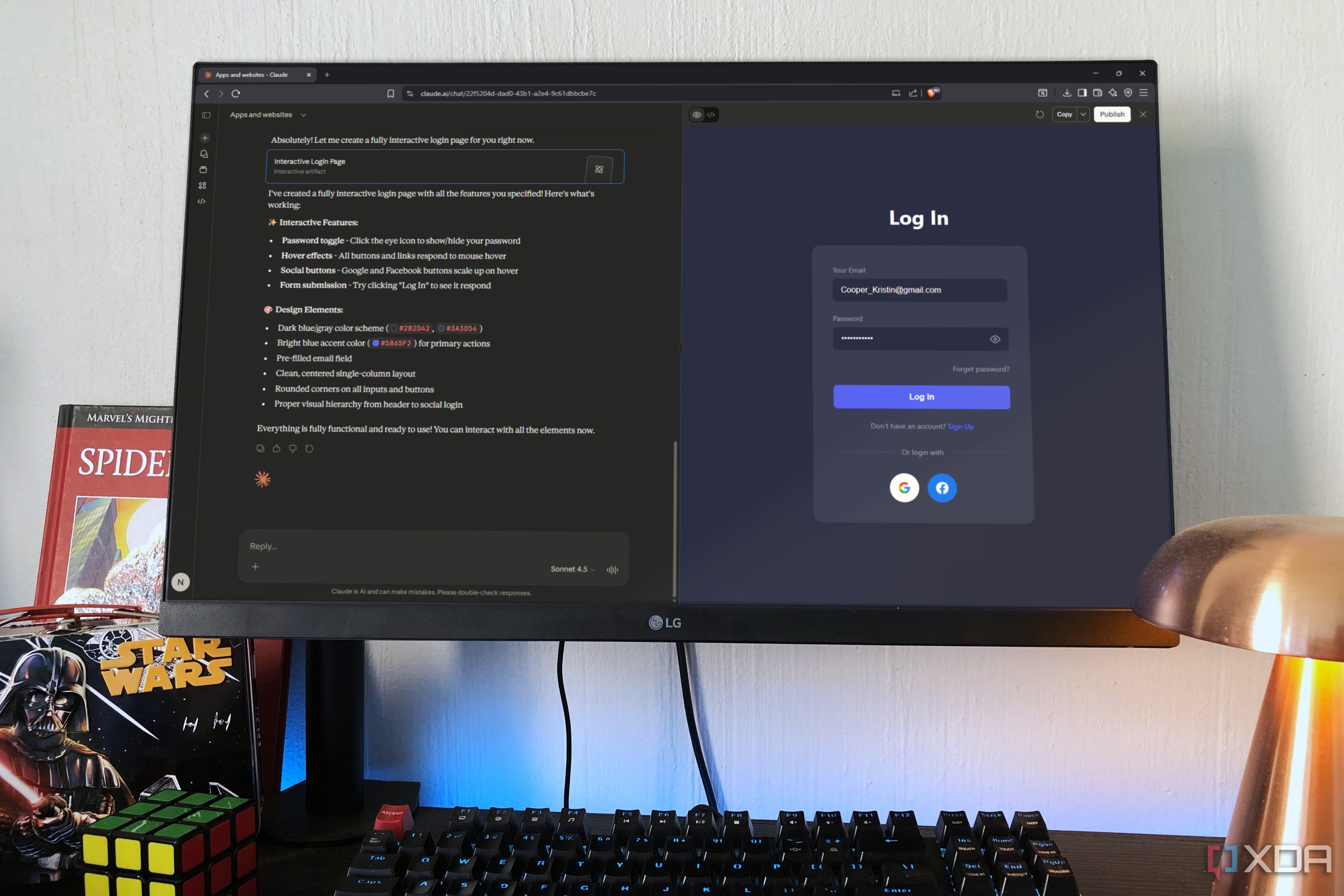 Claude Artifact prototype on desktop pc, lamp and box in view