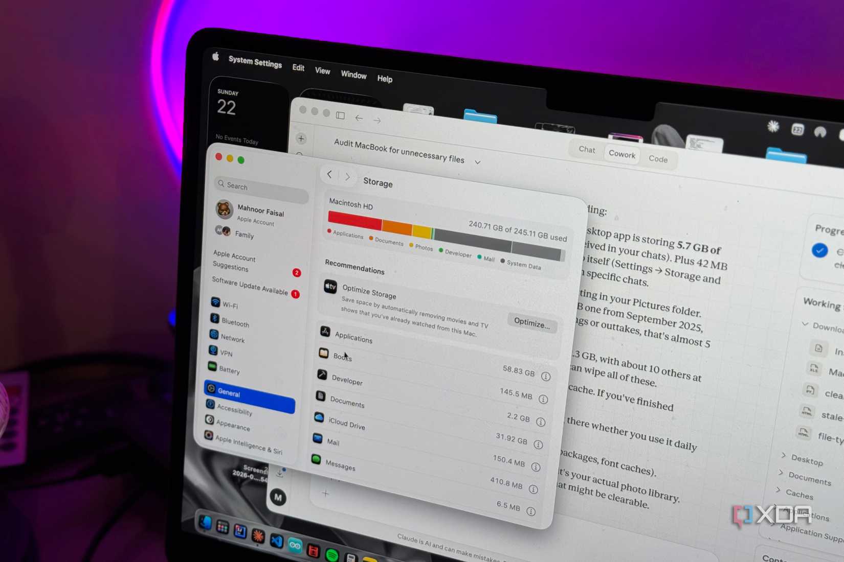 Claude Cowork and the macbook storage page