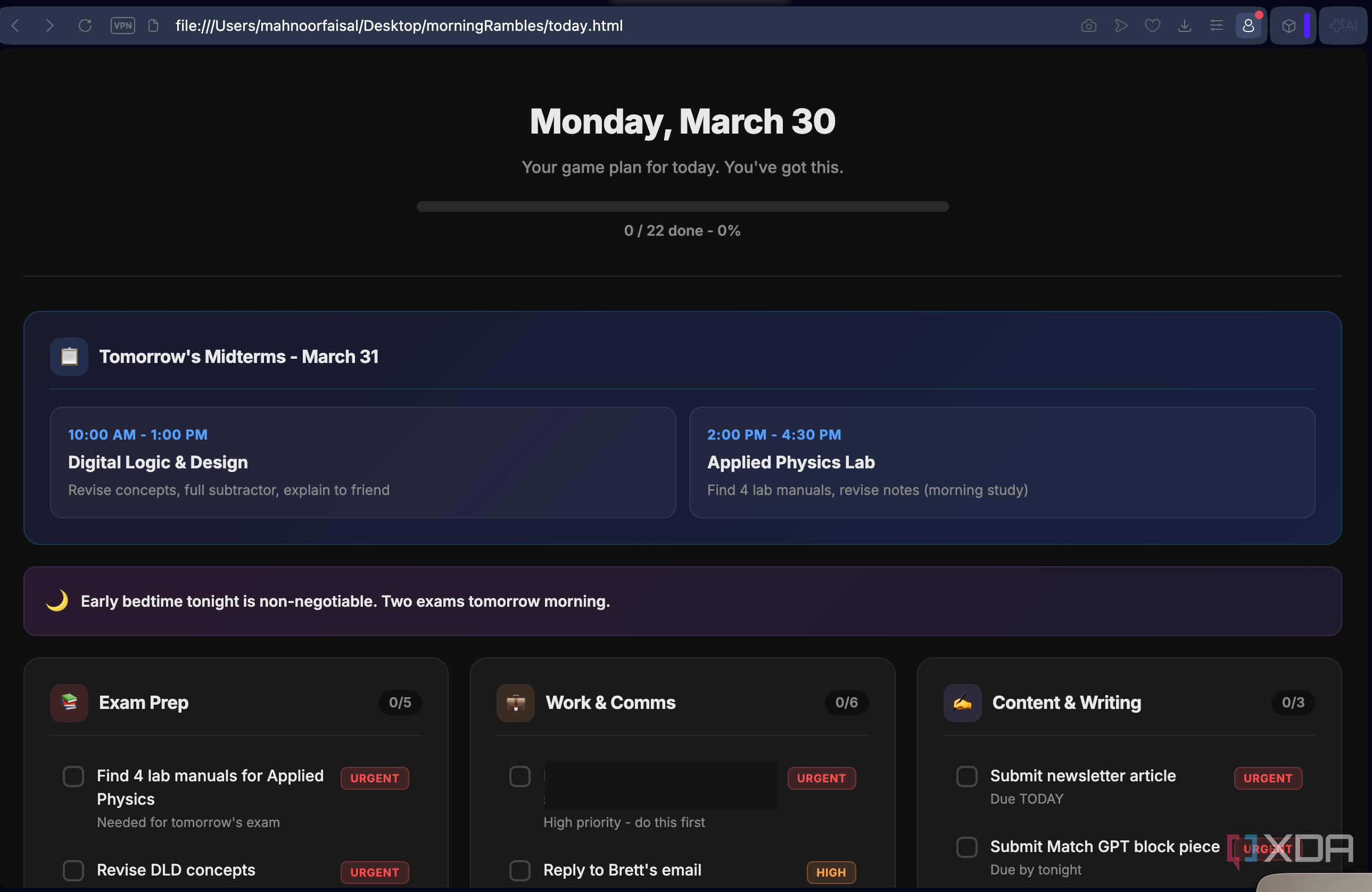 claude html file monday march 20 gameplan
