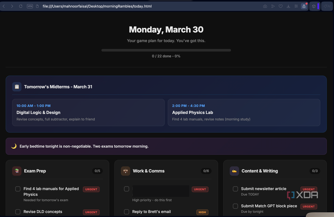 claude html file monday march 20 gameplan