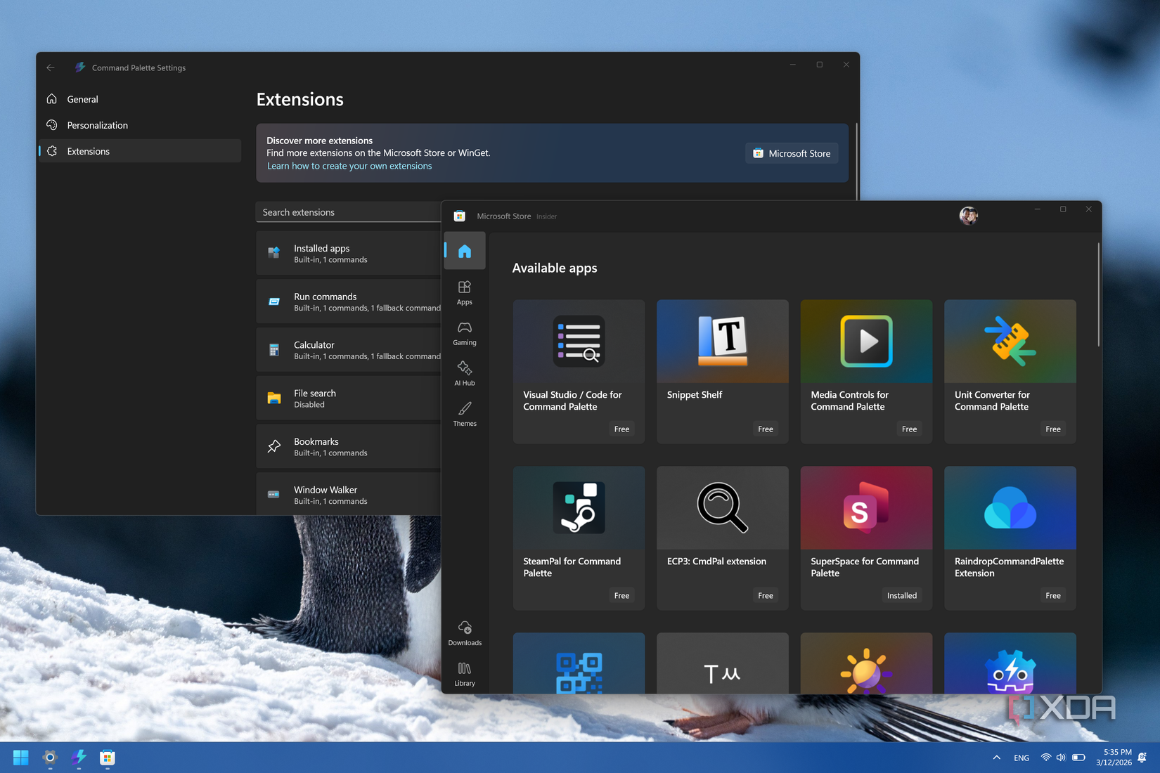 Captura de tela da Microsoft Store mostrando as extensões disponíveis ao lado da página de extensões nas configurações da paleta de comandos