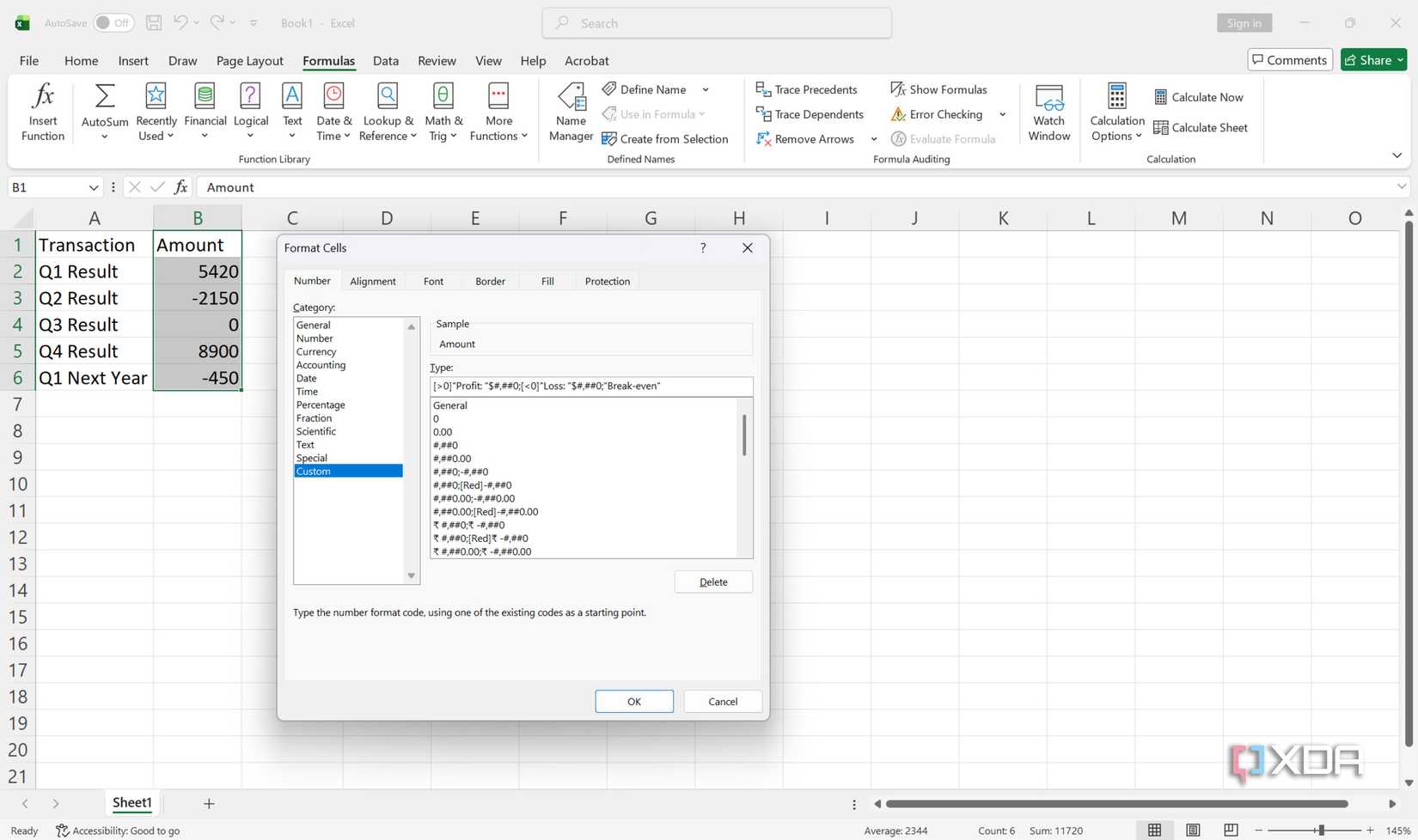 Captura de pantalla de Excel de opciones de formato de números personalizados