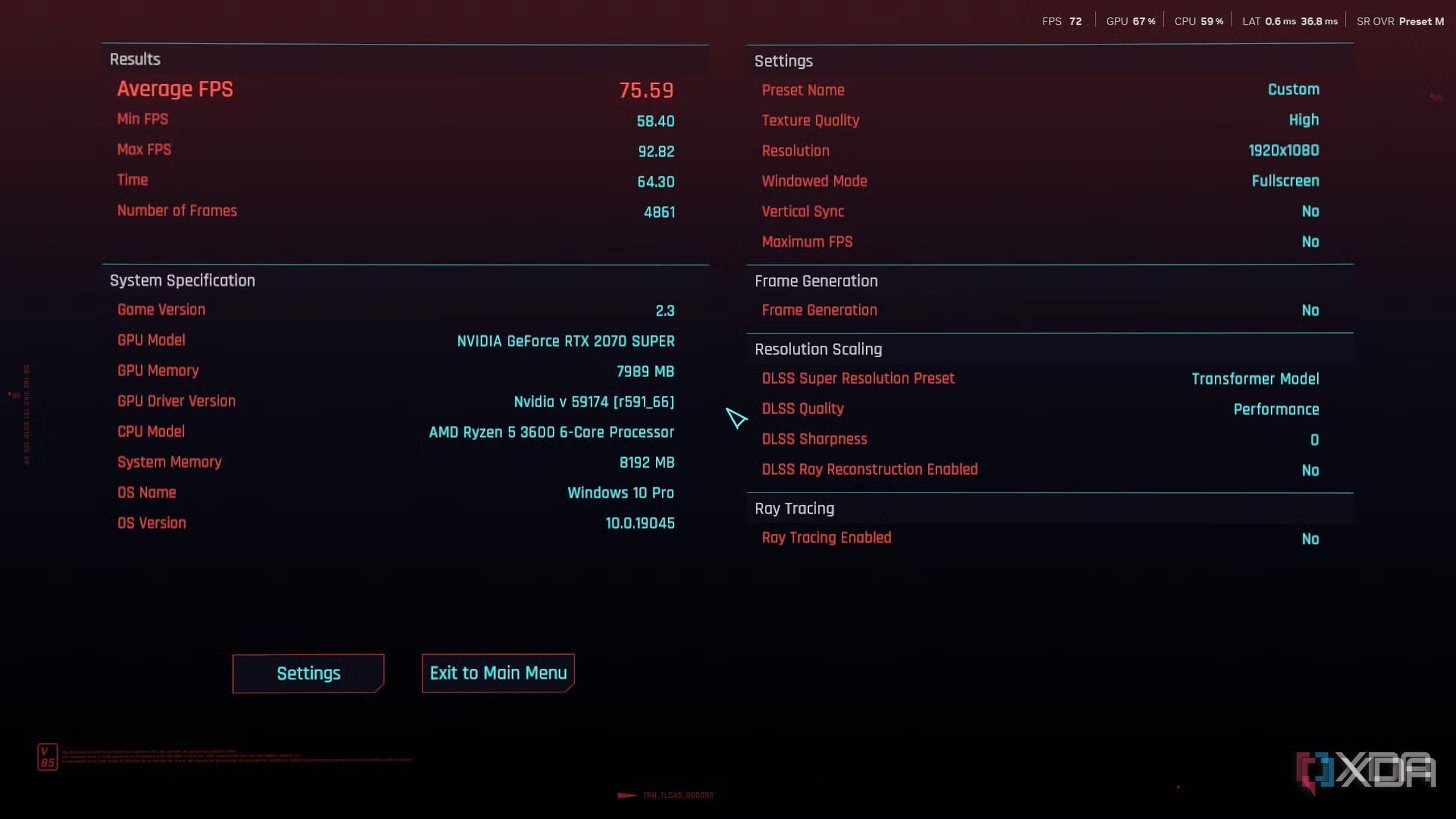 Cyberpunk 2077 tested on an RTX 2070 Super with DLSS 4.5.