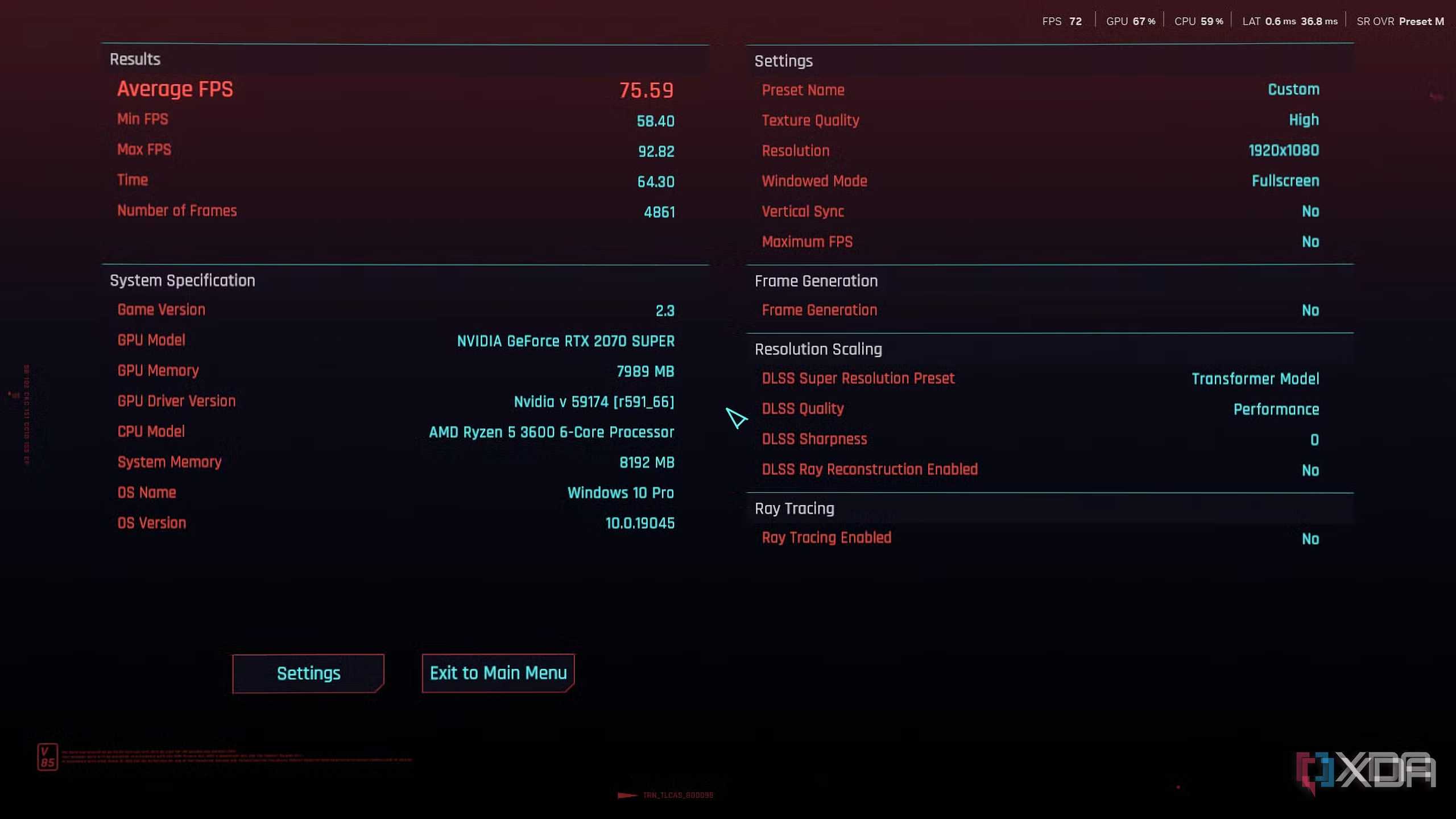 Cyberpunk 2077 tested on an RTX 2070 Super with DLSS 4.5.