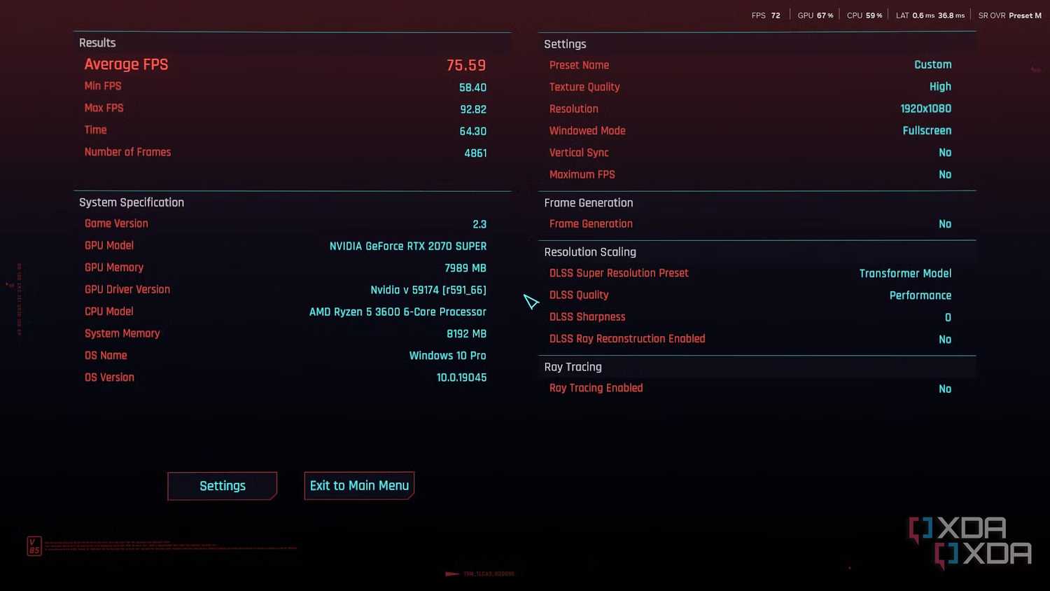 Cyberpunk 2077 tested on an RTX 2070 Super with DLSS 4.5.