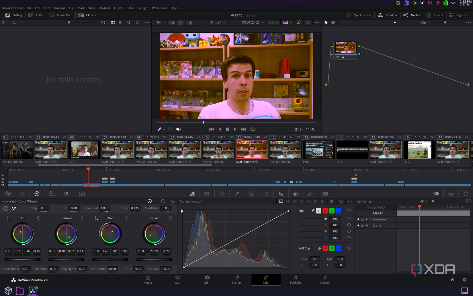 Screenshot del pannello Colori in DaVinci Resolve per Linux, con varie regolazioni del colore applicate.